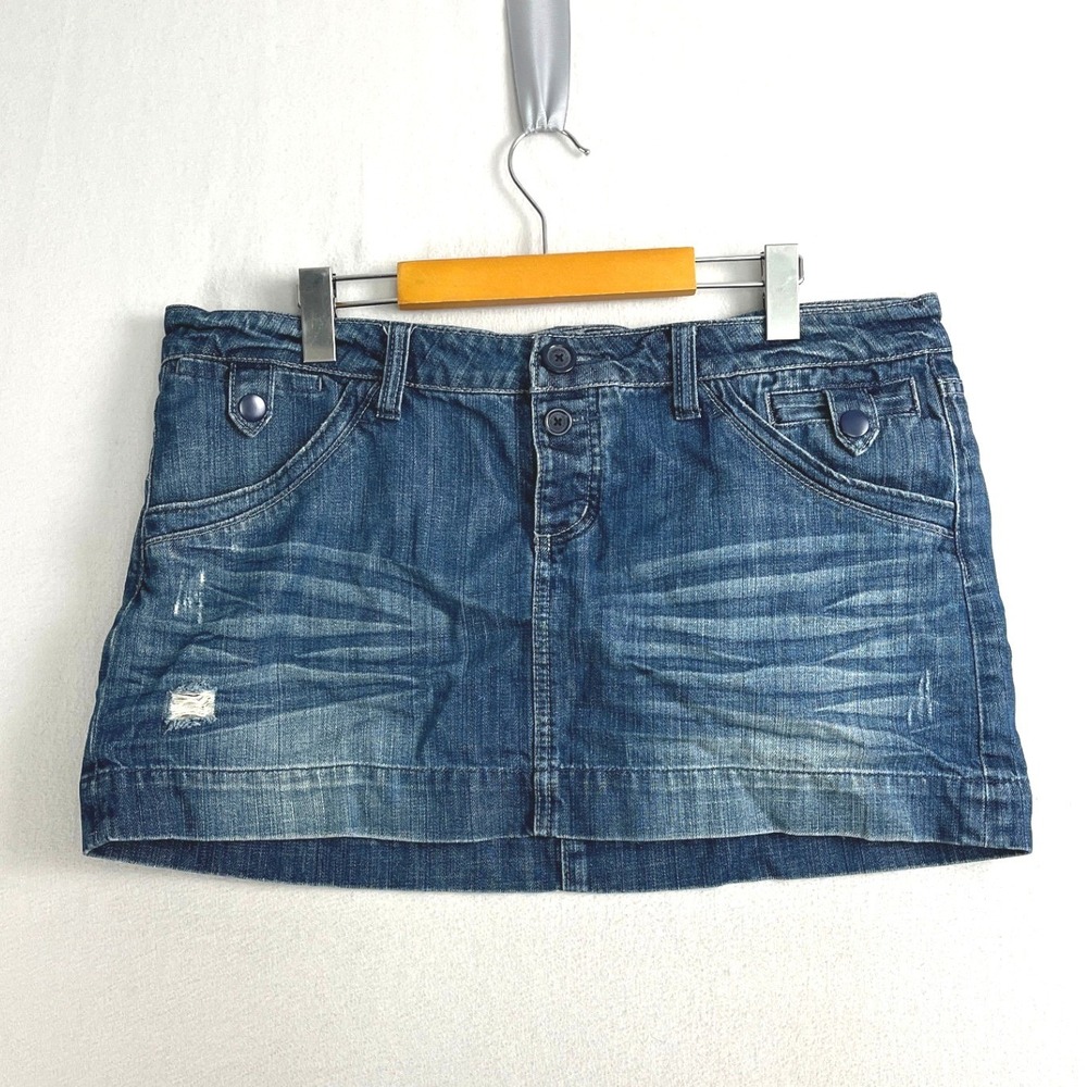 Vintage Y2K American Eagle Distressed Denim Mini Skirt Blue Button Fly Size 14